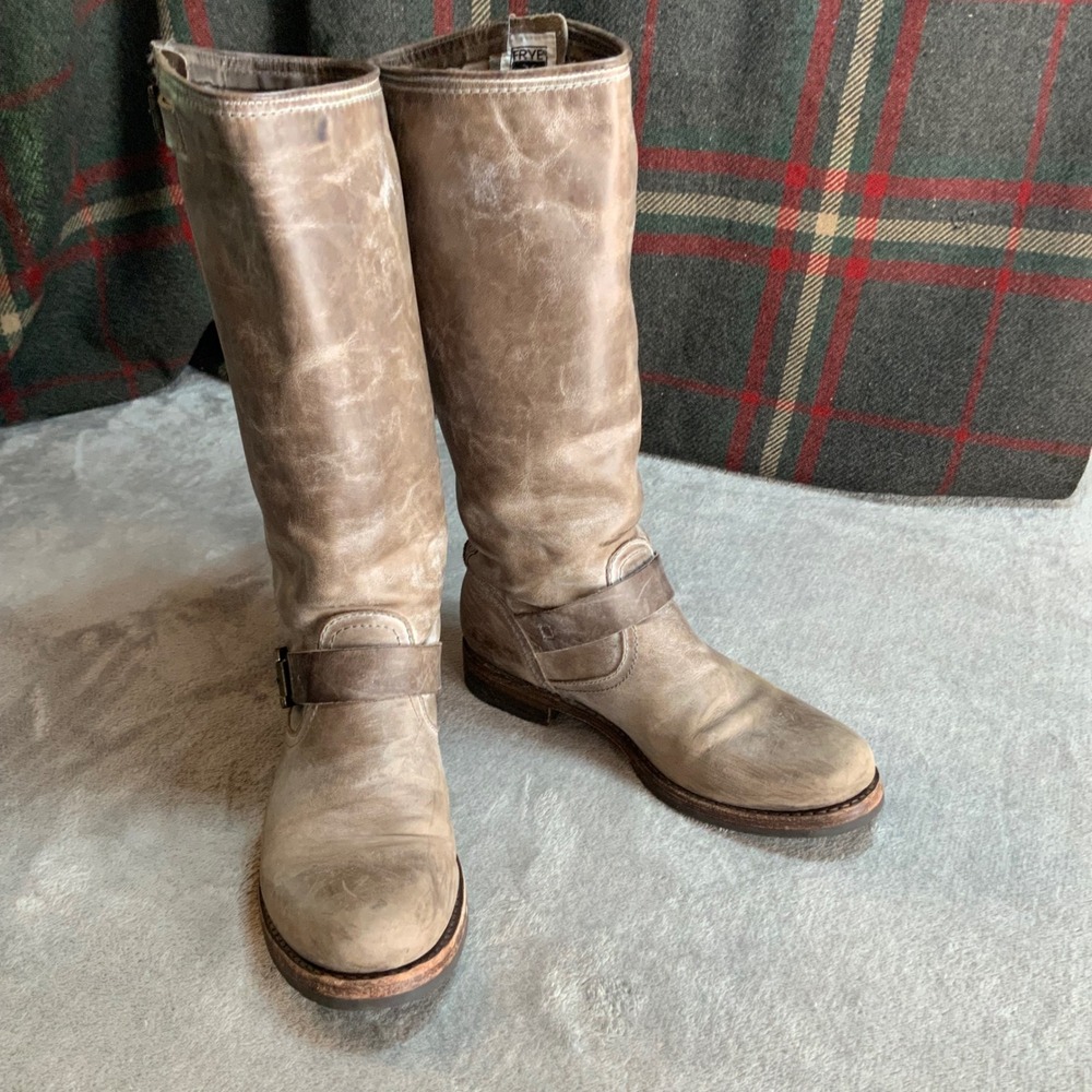 Frye Veronica Slouch Boots Slate Leather Moto Tall Buckle 76608 Womens 8.5 M